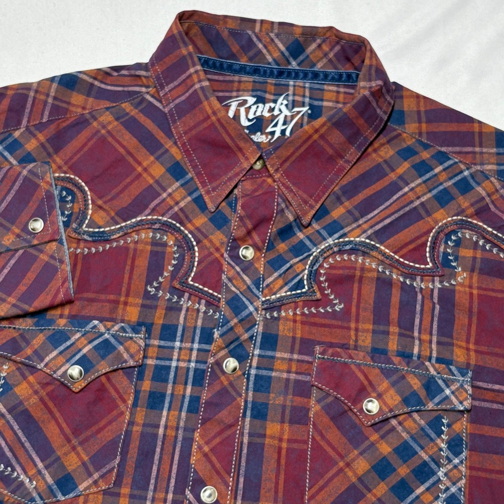 Rock 47 Wrangler Western Snap Shirt Men XL Plaid Embroidered Yoke MRC320M Cowboy